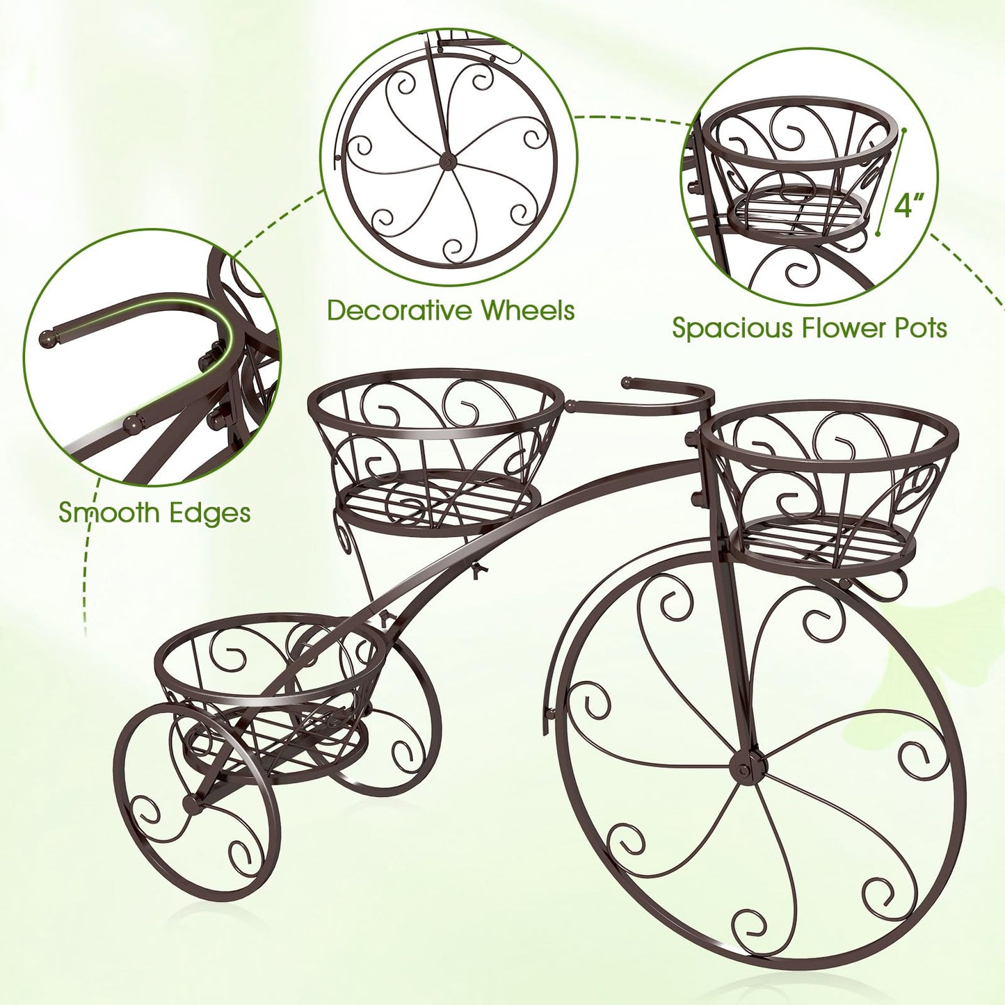 Toolsempire Tricycle Plant Stand, 3-Tier Metal Plant Stand Bicycle Flower Pot Cart with Hollowed Baskets, Planter Potted Holder for Patio, Garden, Deck, Lawn (Bronze)