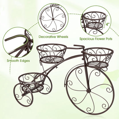 Toolsempire Tricycle Plant Stand, 3-Tier Metal Plant Stand Bicycle Flower Pot Cart with Hollowed Baskets, Planter Potted Holder for Patio, Garden, Deck, Lawn (Bronze)