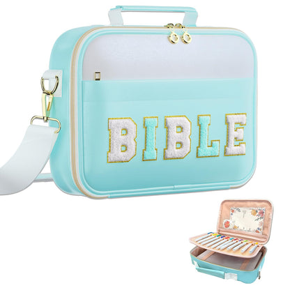 WOBAGMEN Bible Cover Case for Women,Large Leather Bible Book Covers with Bible Study Supplies, Bible Study Accessories Bible Journaling Kit,Blue Church Bag Christian Gifts for Women