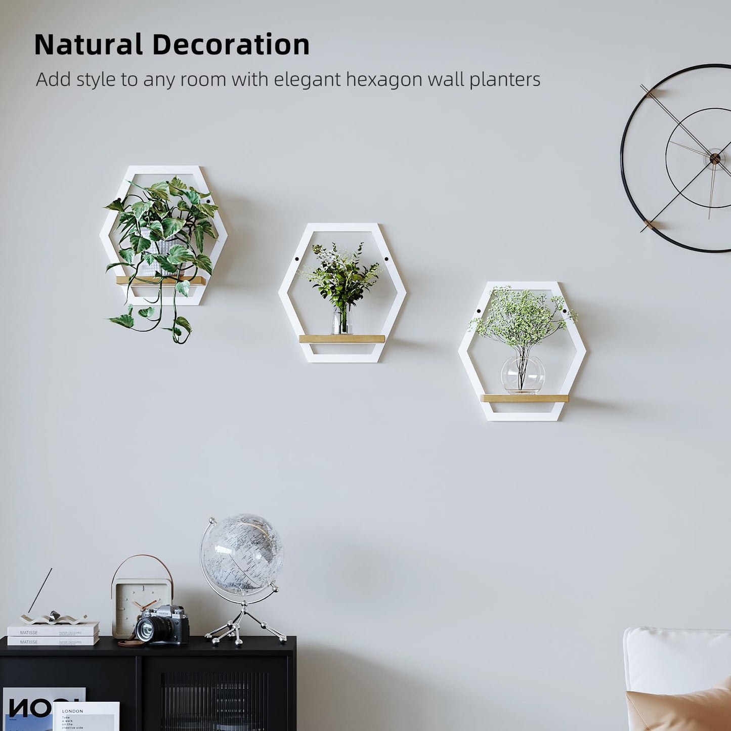 Rioneta 3 Pack Solid Wood & Heavy Duty Metal Wall Plant Stands,9 inch Natural Wood Shelf, Boho Arch Hanging Planter for Indoor 25 LB Load for Plants White