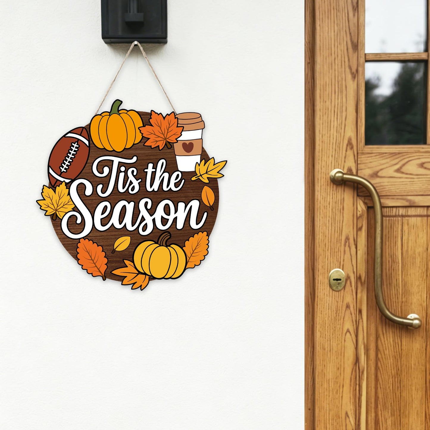 Whaline Fall Football Door Sign Tis the Season Hanging Decor Pumpkin Maple Football Wood Door Hanger with Rope for Autumn Thanksgiving Wall Porch Decorations