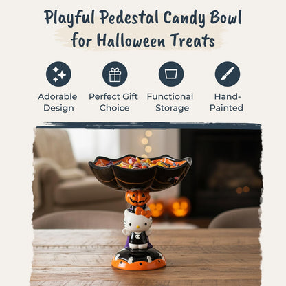 Blue Sky Clayworks HELLO KITTY Spider Web Pedestal Candy Bowl, Ceramic 8" L x 8" W x 9" H, Halloween Party Centerpiece