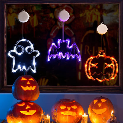 LOLStar Halloween LED Lights Decorations 2025 Orange Pumpkin White Ghost Purple Bat Window Display with Suction Cups, Battery Operated Window Decor Slow Fade Mode and Timer 3-Pack