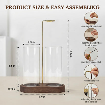 Glass Incense Holder for Sticks, 2-in-1 Incense Burner with Ash Catcher & Storage, Natural Wood Stick Holder for Meditation Yoga Zen Home Decor, Unique Spa Gift for Women