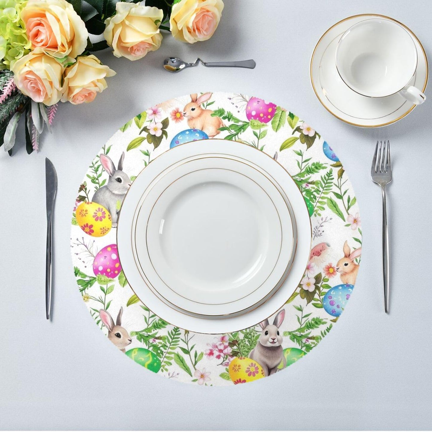 Easter Placemats Easter Bunny Eggs in Grass Flowers Round Placemats Set of 6 for Kitchen Table Washable Kitchen Table Mats Place mats