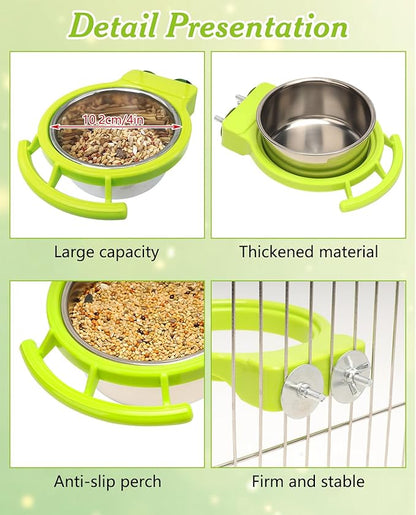 BNOSDM 2 PCS Bird Feeding Dish Cups Perch Stand Hanging Stainless Steel Bird Bowls Food Container Food and Water Bowls with Spoon for Budgie Cockatoo Finch Lovebirds Pigeons (White)
