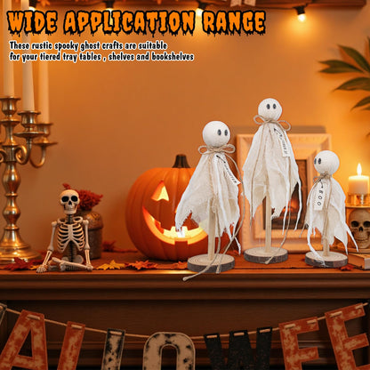 Wooden Ghost Halloween Decorations Indoor– Set of 3 Sizes Rustic Shelf Sitters with Fabric Ghost Figures – Halloween Table Decor for Tiered Tray, Mantel, Halloween Party Supplies（White）