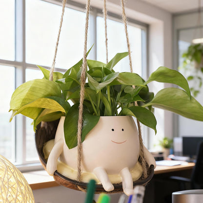 NINIPAPA Hanging Swing Chair Planter Pot Smile Face Plant Pot for Indoor Outdoor Plants Cute Head Flower Pots for Succulent String of Pearls Unique Gift on Mother's Day, Birthday, Christmas