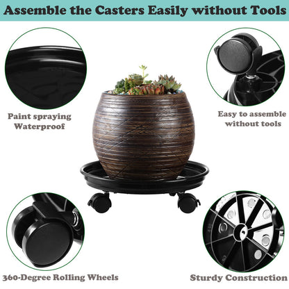 8 Packs Plastic Plant Caddy with Wheels 12” Heavy-Duty Rolling Plant Stand with Wheels Plant Dolly with Casters for Indoor and Outdoor Plant Roller Base Plant Saucer Mover, Black