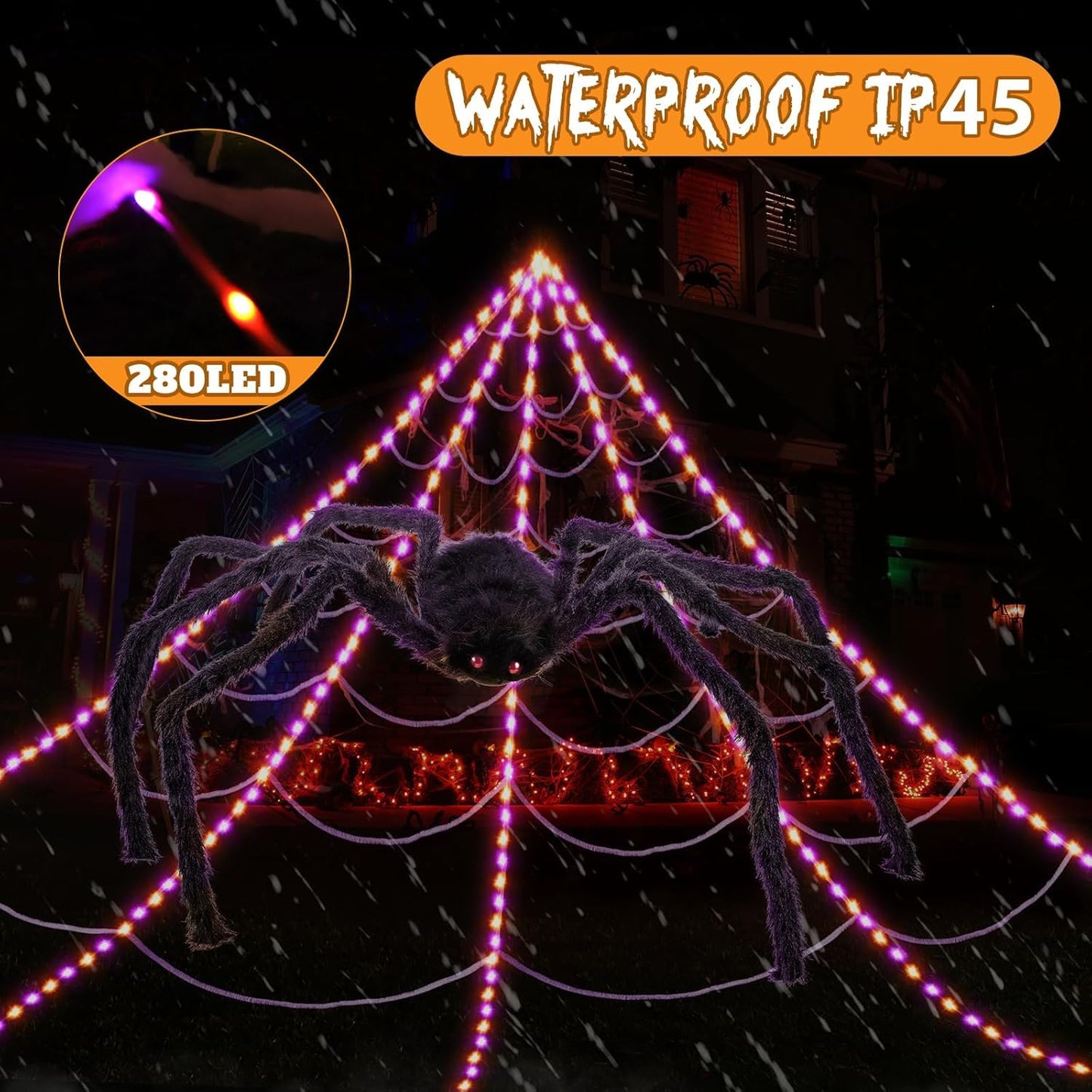 Halloween Spider Web Lights Outdoor Decorations 16.4x18.4FT 280 LED Giant Spider Web with 79" Large Spider Lighted Web with Purple Orange Lights 8 Modes Timer Waterproof for Yard Haunted Mansion Decor