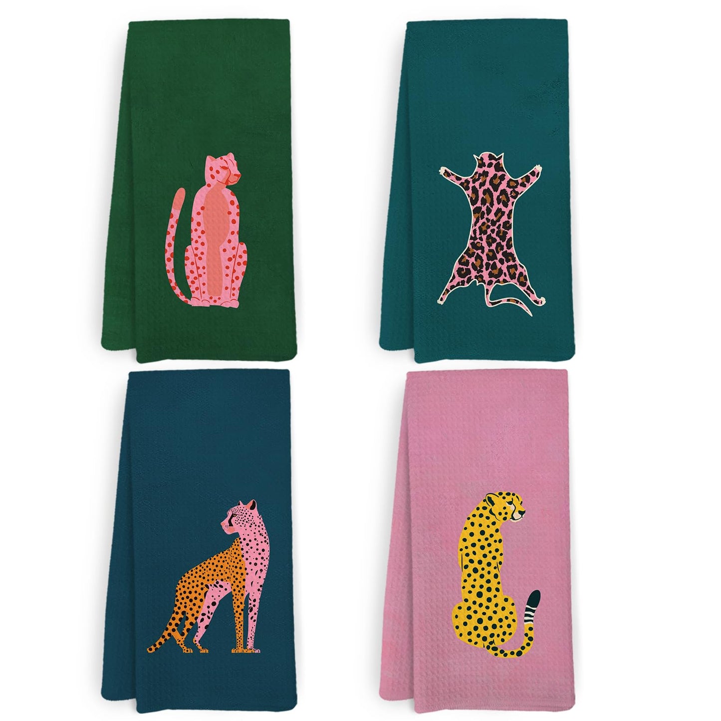 KFXHANGD Preppy Cheetah Kitchen Towels and Dishcloths Set of 4, Trendy Cheetah Bathroom Decor, Funky Leopard Dish Towels, Pink Leopard Decorative Hand Tea Towel for Bathroom Kitchen, 16x24 Inches