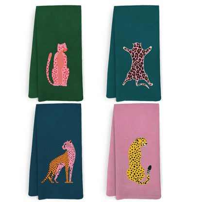 KFXHANGD Preppy Cheetah Kitchen Towels and Dishcloths Set of 4, Trendy Cheetah Bathroom Decor, Funky Leopard Dish Towels, Pink Leopard Decorative Hand Tea Towel for Bathroom Kitchen, 16x24 Inches