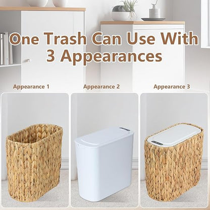 Trongee Boho Kitchen Trash Can with Lid,3.5 Gallon Automatic Small Rattan Trash Can,Slim Wicker Motion Sensor Garbage Can and Hamper 2 in 1 for Bathroom,Narrow Waste Basket for Office, Living Room