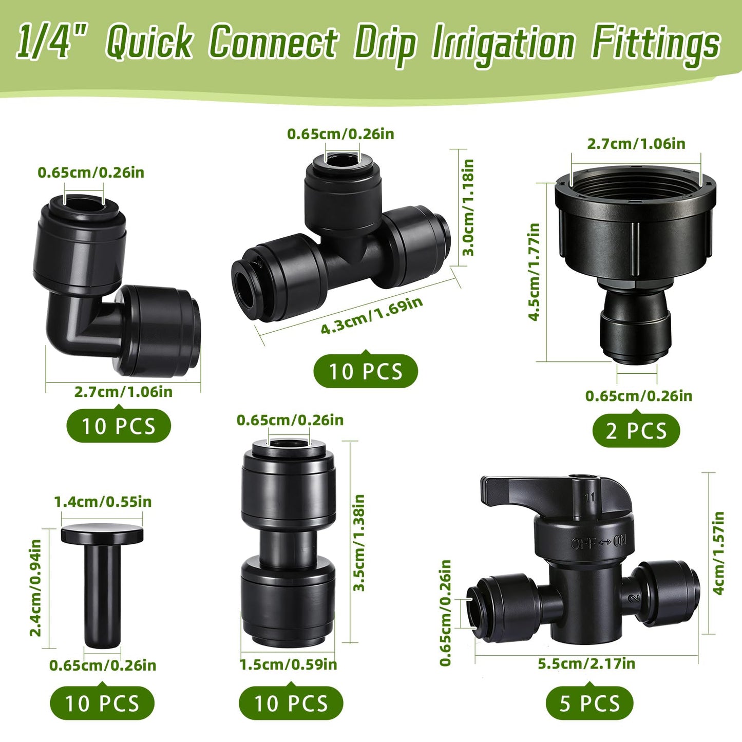 47 Pack Quick Connect 1/4" Drip Irrigation Fittings Kit, 1/4'' Drip Irrigation Tubing Push-to-Fit Connectors Parts- 5 Shut Off Valve, 10 Tees, 10 Couplings, 10 Elbows,10 End Plugs, 2 Faucet Adapters