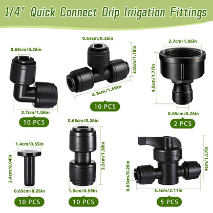 47 Pack Quick Connect 1/4" Drip Irrigation Fittings Kit, 1/4'' Drip Irrigation Tubing Push-to-Fit Connectors Parts- 5 Shut Off Valve, 10 Tees, 10 Couplings, 10 Elbows,10 End Plugs, 2 Faucet Adapters