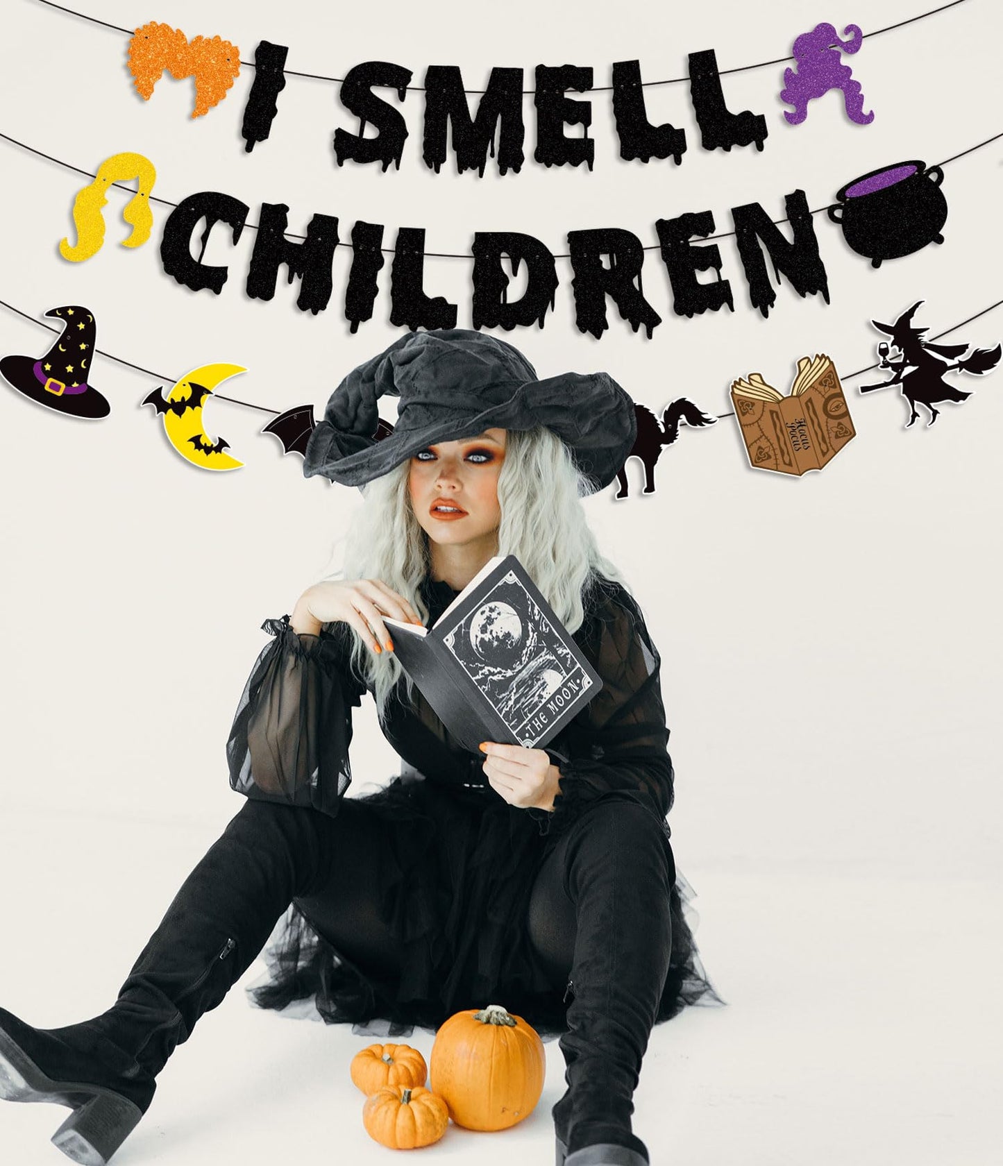 JOZON Black Glittery I Smell Children Banner with Witches Pot Signs Halloween Hocus Pocus Witches Garland Banner Halloween Holiday Haunted House Party Decorations for Mantle Fireplace Wall