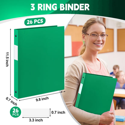 Henoyso 26 Pack 0.5 Inch Plastic 3 Ring Binder Round Ring, Bulk 1/2 Inch Flexible Binders Hold 140 Sheets Letter Size with Pocket, Document Organizer for Back to School Classroom Office (Green)