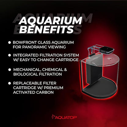 Aquatop Pisces Curved Bowfront Aquarium, 3 Gal - 53GPH – Nano Semi-Circle Glass Aquarium Kit – Touch LED Light – Built-in Filter for Fresh & Saltwater