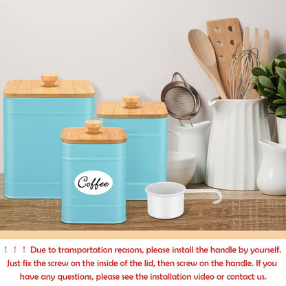 Tioncy Kitchen Canisters for Countertop Set of 3 Metal Canisters Sets with Bamboo Lids Spoon Airtight High Capacity Coffee Tea Sugar Flour Jars with DIY Labels Farmhouse Food Storage(Turquoise,L,M,S)