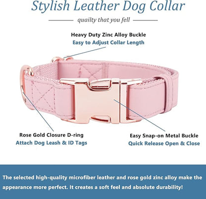 Dog Collar and Leash Set.Soft and Easy to Clean Vegan Leather with Rose Gold Metal Buckle for Small Medium Large Dogs (Pink, XS(8"-12"))