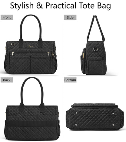Teacher Tote Bags for Women, 15.6 inch Laptop Work Tote Nurse Bible Bag With Large Cup Holder & Insulated Pocket Quilted Shoulder Handbag Laptop Briefcase for Work, Daily, School, Travel, Gifts