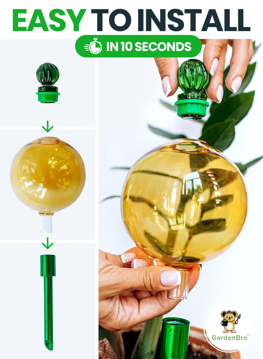 16 Oz Plant Watering Globes for Indoor Plants with Metal Self Watering Planter Insert - Premium XL Glass Hand-Blown Globe - Automatic Plant Waterer Indoor, Gift Idea for Gardeners [1 Globe, Golden]