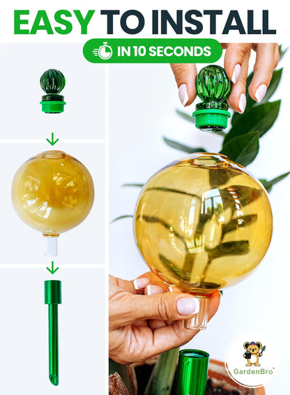 16 Oz Plant Watering Globes for Indoor Plants with Metal Self Watering Planter Insert - Premium XL Glass Hand-Blown Globe - Automatic Plant Waterer Indoor, Gift Idea for Gardeners [1 Globe, Golden]