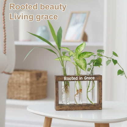 LBCIGOR Rooted in Grace Propagation Station – Wooden Plant Holder with 3 Glass Vases, Indoor Rooting Station for Cuttings, Christian-Inspired Gift for Women, Birthday, Housewarming, Plant Lover Décor