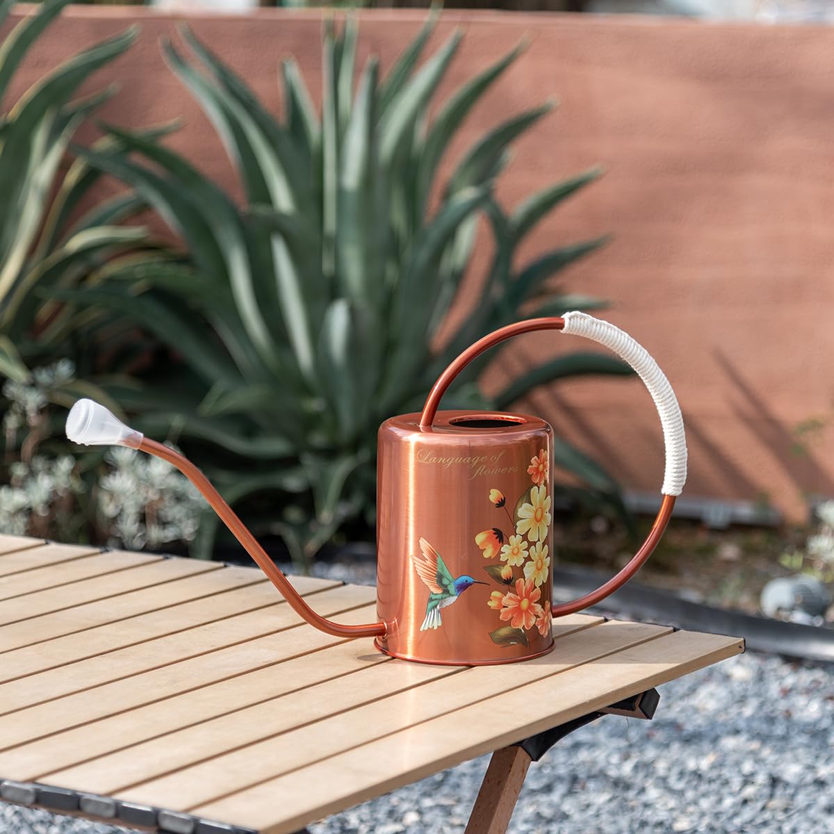 1/2 Gallon 68oz Long Spout Stainless Steel Flower for Indoor Plant Watering or Outdoor Gardening with 2 Removable Spray Spout for Flowers Plant Hummingbird Pattern Watering Can, Bronze