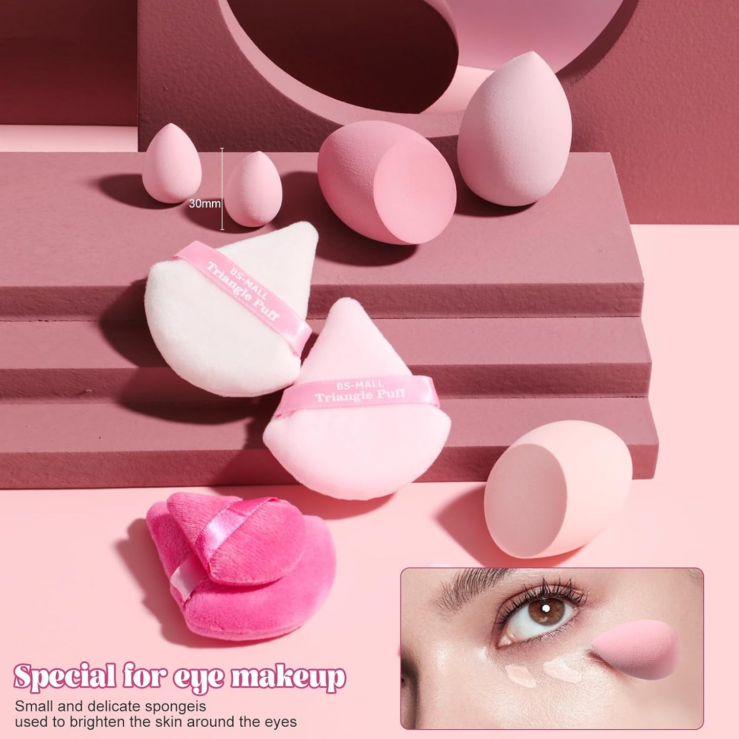 BS-MALL Makeup Sponge & Triangle Puff Set Pink for Mini Detailed Application Foundation Concealer Soft Pearl Cotton Sponge Pack of 10