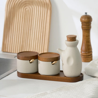 Mavolico 3 Pack Ceramic Spice and Soy Sauce Dispenser Set with Acacia Wood Lid, Complete with Sugar Salt Containers, Spoons and Wooden Tray for Kitchen and Dining