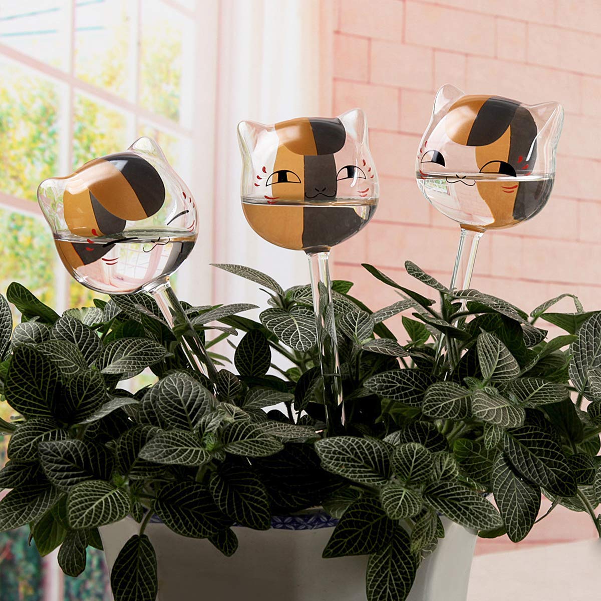 KiKiHeim Automatic Plant Waterer Globes Self Watering Planter Insert Devices System, Hand Blown Clear Glass Water Bulbs for Indoor&Outdoor, 6.4oz/190ml Capacity, 3 Cats