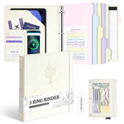Ospelelf Leather 3 Ring Binder for Letter Size Documents with PVC Pocketed Dividers, Pencil Pouch & Notepad, 1 Inch Round Rings, Holds 175 Sheets, for Office School Home Organization, Flower White