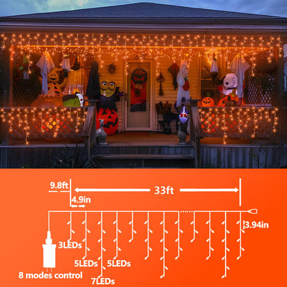 QITONG Orange Icicle Lights for Outside, 33ft 400 LED String Light with 8 Modes, Clear Wire Connectable Icicle Christmas Lights Indoor Plug in for Halloween Thanksgiving Fall Décor