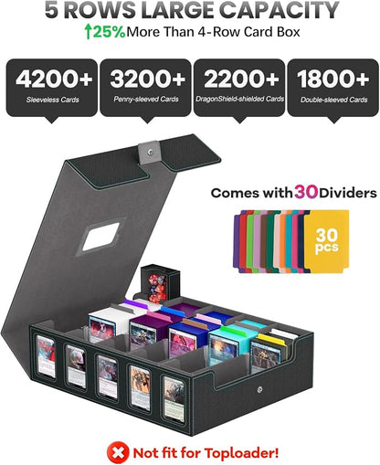 Trading Card Storage Box Gomyrod, 5-Row Card Case with Commander Display & Portable Handle, 4200+ MTG Deck Box Compatible for MTG/TCG/Magic Cards, 30 Colorful Divider, 8 Card Supporters (Black & Grey)