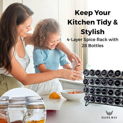 ELITE BAY-Spice Jar Rack Organizer with KEEP – 4-Tier Organizer with 28 Empty Bottles, 180 Waterproof Labels (55 Blanks) & Funnel| Space-Saving Spice Storage for Kitchen Counter or Cabinet.