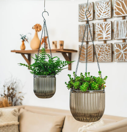 Melphoe 2 Pack Self Watering Hanging Planters Indoor Flower Pots, 5.3/8.3 Inch Outdoor Hanging Basket, Plant Hanger with 3Hooks Drainage Holes for Garden Home (Gray)