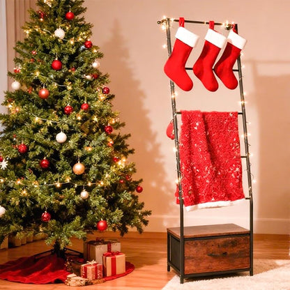 Metal Blanket Ladder with Storage Drawer, 5 Tier Black Blanket Ladders for the Living Room with Hooks, 5.2ft Wall Leaning Quilt Ladder for Blankets, Towels & Throws, Farmhouse Decor