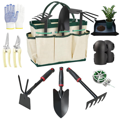 SHAOKAOLU 10 Pcs Gardening Tool Set - Heavy Duty Garden Kit with Stainless Steel Pruning Shears, Trowel Garden Tool, Kneeling Pads, Repotting Mat - Garden Tote, Ideal Gardening Gifts for Women and Men