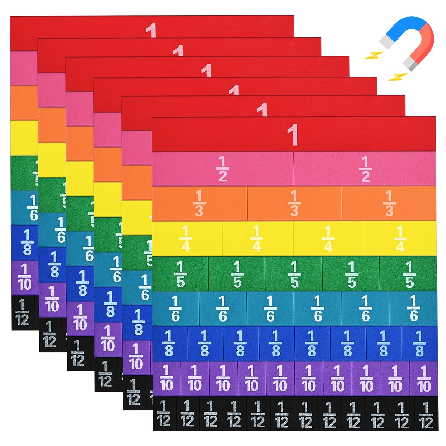 6 Sets Magnetic Fraction Tiles for Classroom EVA Foam Manipulatives CCSS, STEM, ASTM Rainbow Fraction Tiles Math Learning Manipulatives Set Fraction Bars for Preschool Elementary School