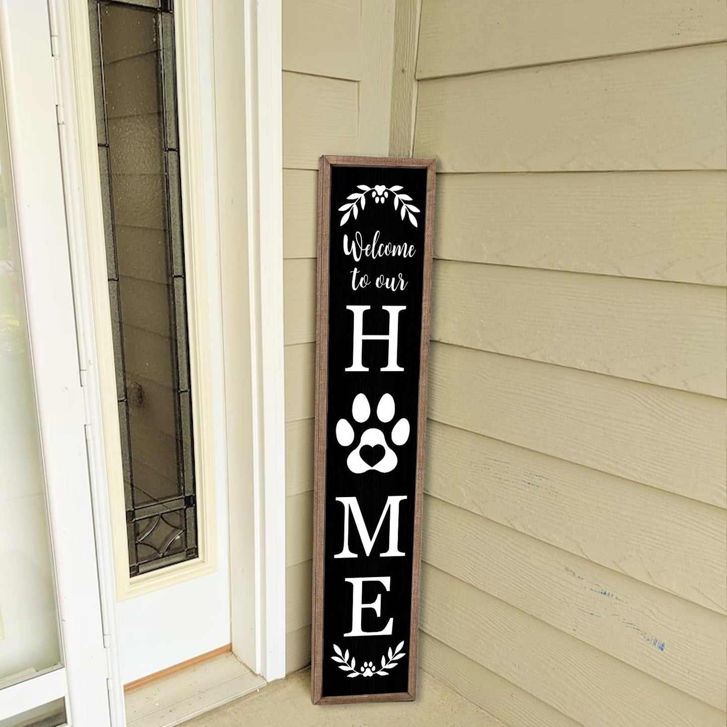 Welcome To Our Home Sign for Front Porch Standing 45X9 Farmhouse Outdoor Front Door Dog Paw Welcome Print Large Rustic Wooden Framed Long Outside Tall Vertical Hanging Decor (Wood Black)