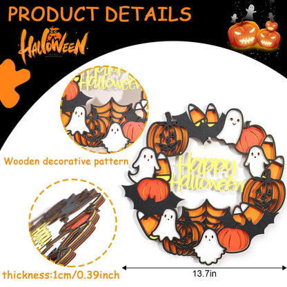 Happy Halloween Wooden Hanging Sign - Halloween Party Decorations, Halloween Ghost Sign, Bat Ghost Pumpkin Wreath, Halloween Garland, Wooden Wreath Wall Hanging Decor(HALLOWEEN SIGN)