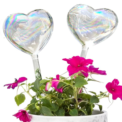 Kingbuy Self Watering Spikes Plant Watering Globes Iridescent Color Heart Shaped Glass Water Bulbs Devices for Plants, 2 Pack