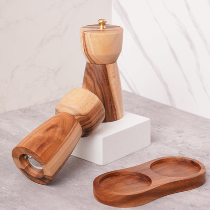 DeroTeno Salt and Pepper Grinder Set with Tray, Adjustable Ceramic Grinder Salt Mill, Stainless Steel Grinder Pepper Mill, Acacia Wood, 5 inch /14cm Height, Bottom Dia 2.36inch/6cm (Tray is Included)