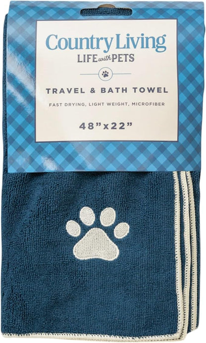 Country Living Large Marine Blue Microfiber Dog Bath Towel - Quick-Drying, Absorbent, Durable, and Machine Washable, Embroidered Paw Print, 48" x 22" for All Dog Sizes