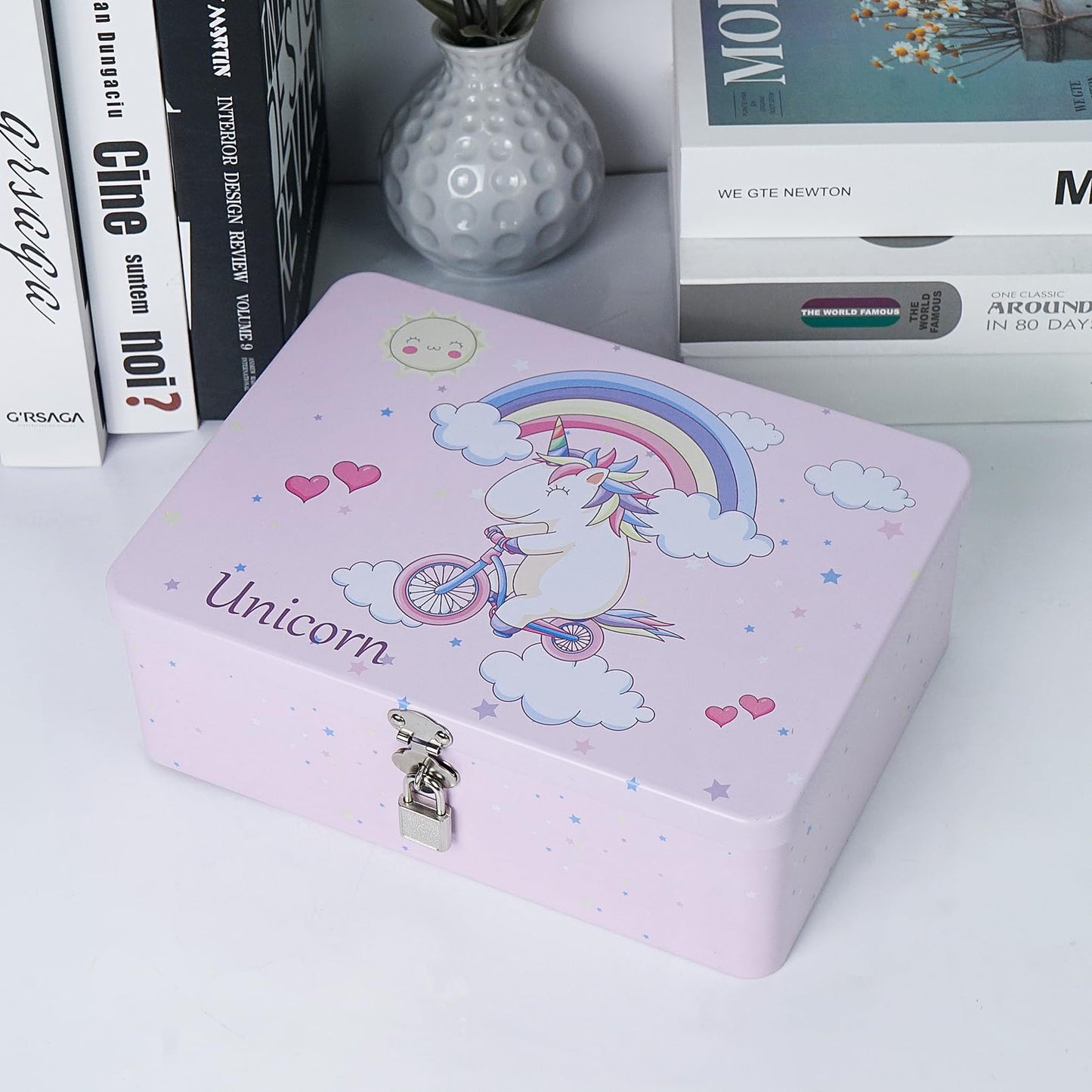 Luwint Metal Box Unicorns Pattern Decoration Storage Box - Pink Metal Thin Art Box Organizer with Lock, Ideal Gift for Friends Mother Father (3 Pieces/Large Medium Small)