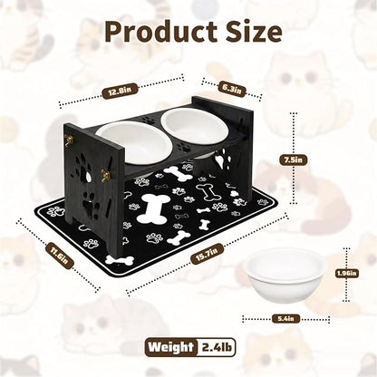 2026 New Elevated Cat Bowls with Food Mat, Adjustable Height & Angle Raised Cat & Dog Bowls Stand for Food and Water, Cat or Small Dog Feeding Station, 2 Ceramic Bowls for Cats and Puppy(Black Wood)