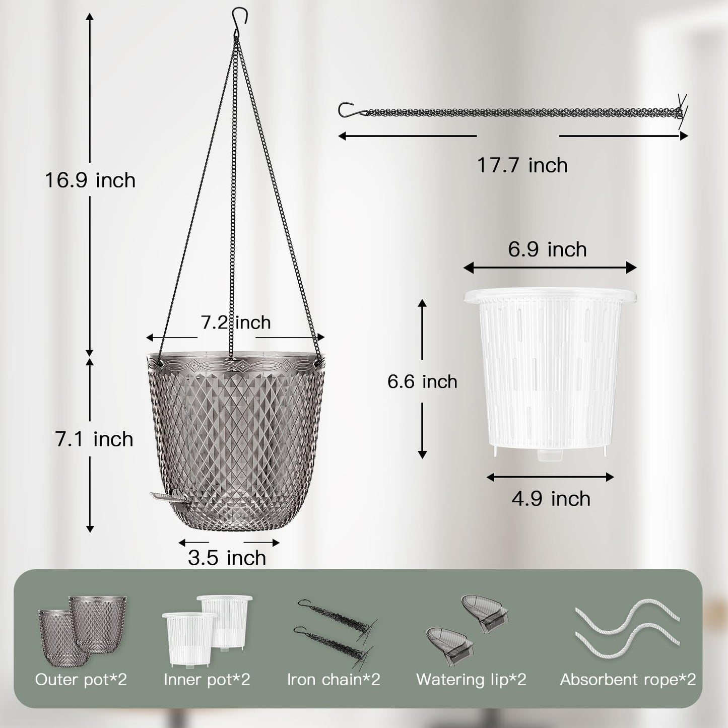 QCQHDU Hanging Planters for Indoor Plants, 2-Pack 7.2 Inch Self Watering Hanging Pots, Plastic Plant Hanger with Drainage Holes and 3 Hooks Chains for Garden Home (Gray)
