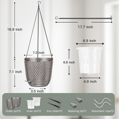 QCQHDU Hanging Planters for Indoor Plants, 2-Pack 7.2 Inch Self Watering Hanging Pots, Plastic Plant Hanger with Drainage Holes and 3 Hooks Chains for Garden Home (Gray)