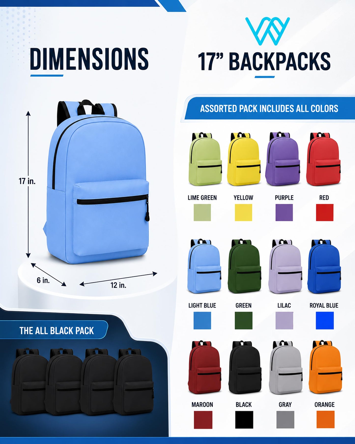 Winterlace 24 Pack Backpack, Bulk 17 inch Lightweight Outdoor Travel Gym Corporate Events Bag (Black)